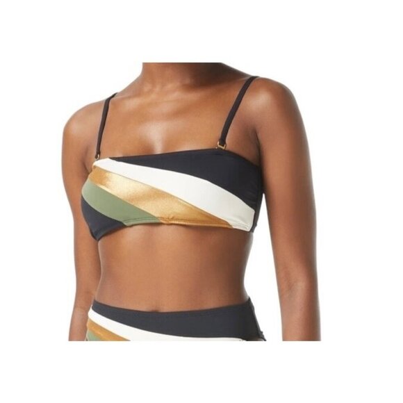 Vince Camuto Size XS Black Gold Shimmer Blocked‎ Square Neck Swim Top NWT - Picture 1 of 9